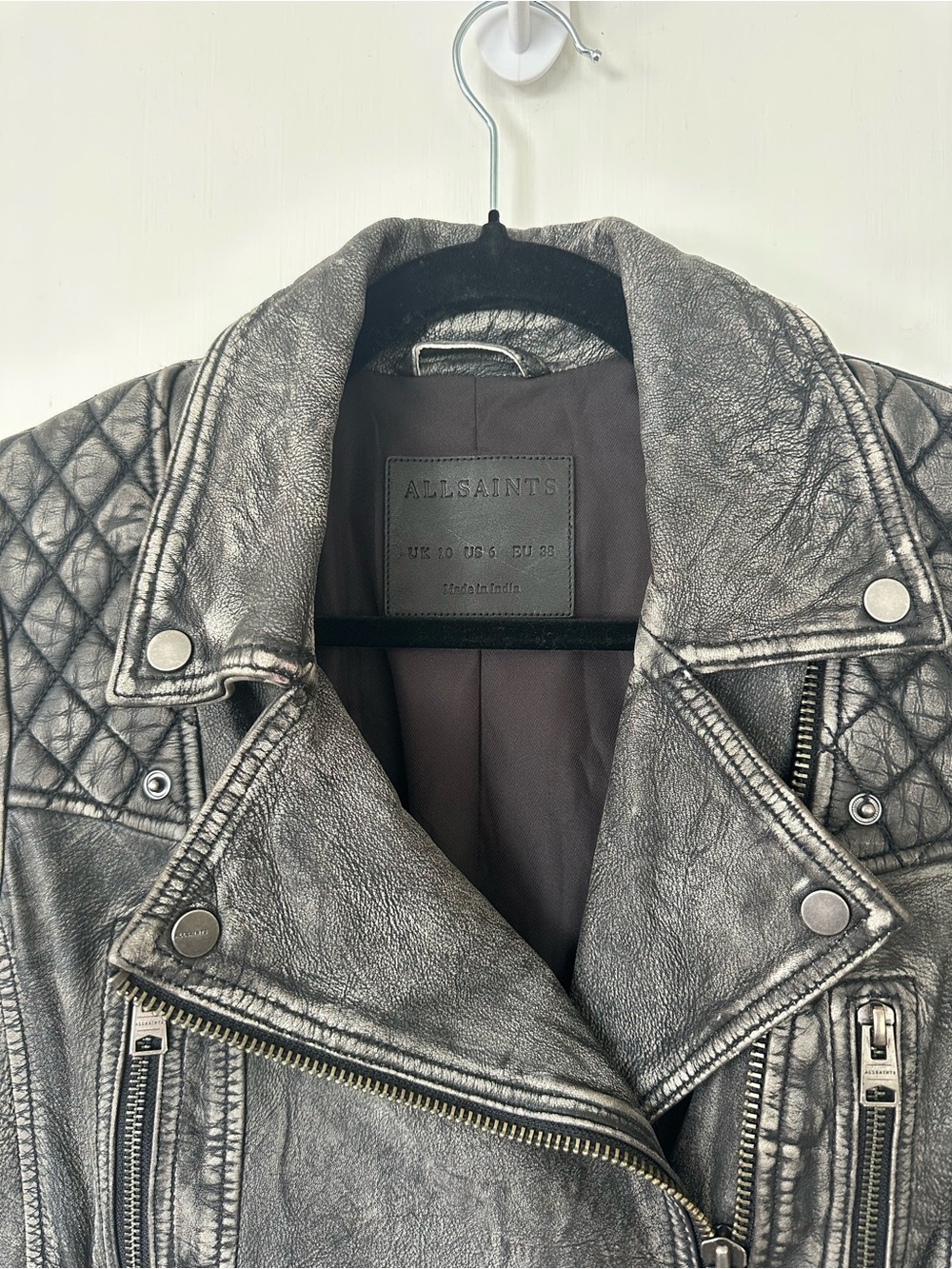 All Saints Vintage Cargo Biker Leather Jacket Intentionally Distressed Size 6 - Picture 3 of 7
